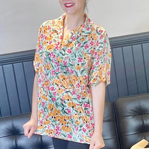 HABAND FOR HER Green Pink Vintage 80s Floral Button Up - Picture 3 of 7